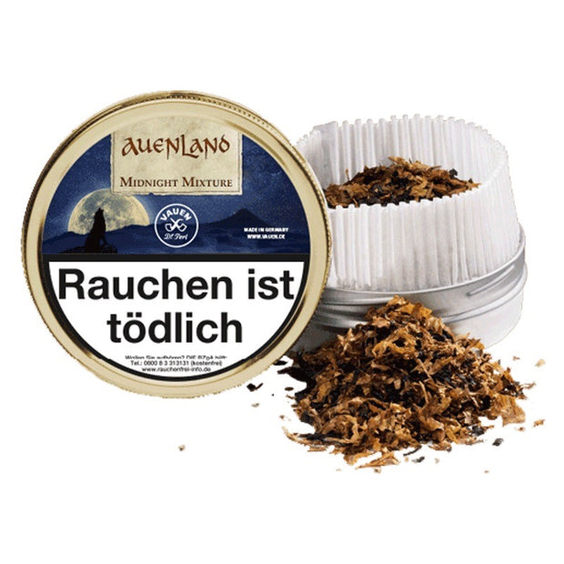 Geöffnete Vauen Auenland Midnight Mixture 50g Dose mit sichtbarem Tabak und etwas Tabak davor, aromatischer Pfeifentabak