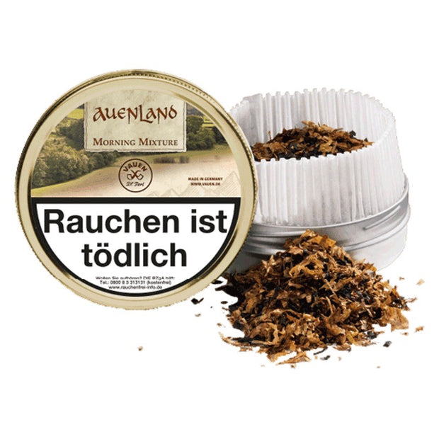 Geöffnete Vauen Auenland Morning Mixture 50g Dose mit sichtbarem Tabak und etwas Tabak davor, fruchtig-cremiger Pfeifentabak
