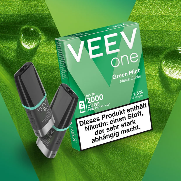 VEEV ONE Pods Green Mint – 2 Pods mit grünem Hintergrund, elegantes Design, frisches Minz-Gurken-Aroma