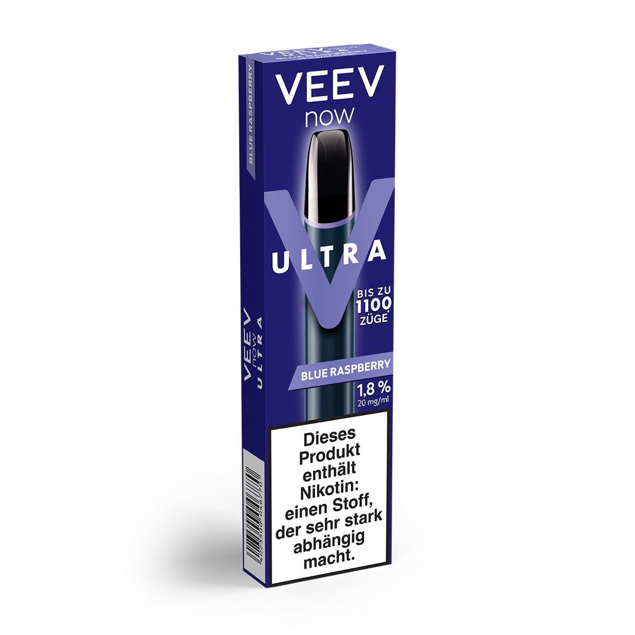 VEEV NOW ULTRA Blue Raspberry – Verpackung leicht seitlich dargestellt mit Geschmacks- und Geräteinfos