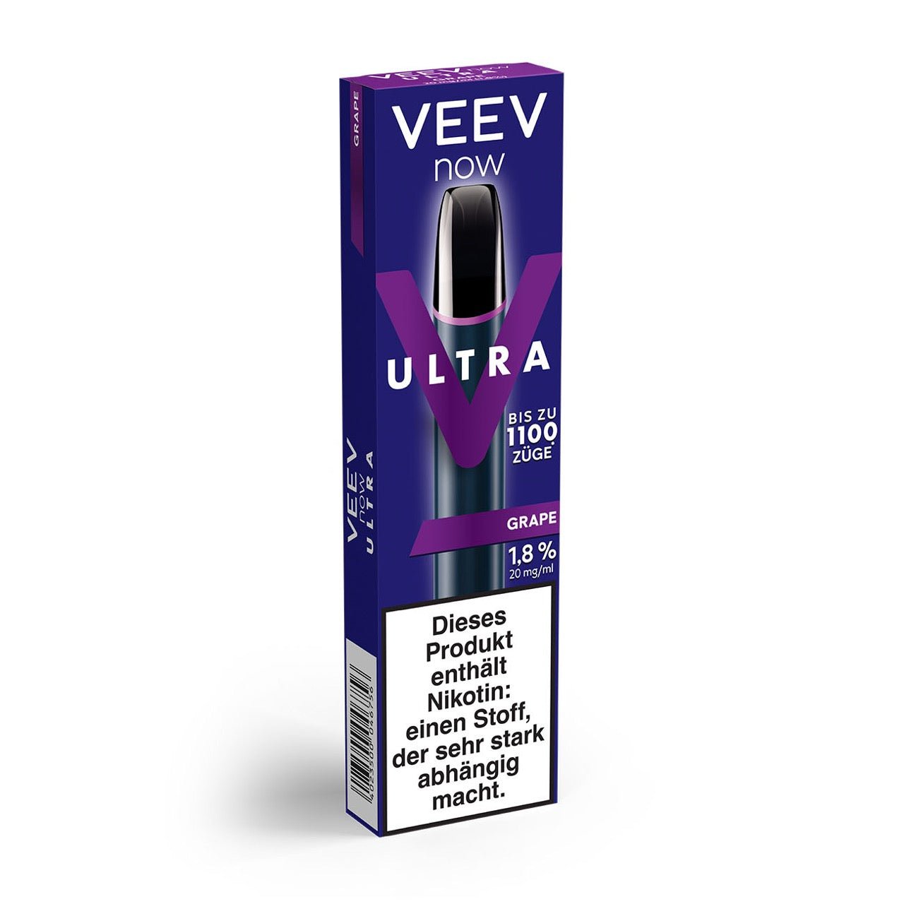 VEEV NOW ULTRA Grape – Verpackung leicht seitlich gezeigt mit Fokus auf Geschmack & Gerätedesign
