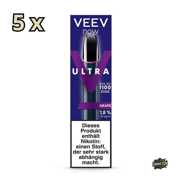 VEEV NOW ULTRA Grape 5er Sparpaket – Verpackung mit Gerät und violettem Trauben-Design