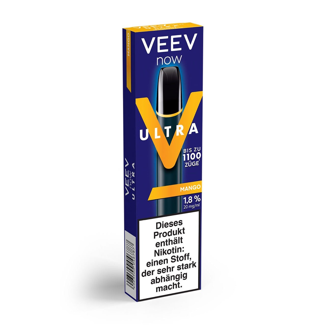 VEEV NOW ULTRA Mango – Verpackung leicht seitlich gezeigt mit Fokus auf Geschmack & Technik