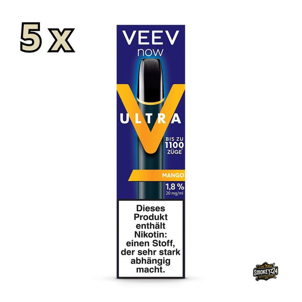 VEEV NOW ULTRA Mango 5er Sparpaket – Verpackung mit Gerät und sonnigem Mango-Design