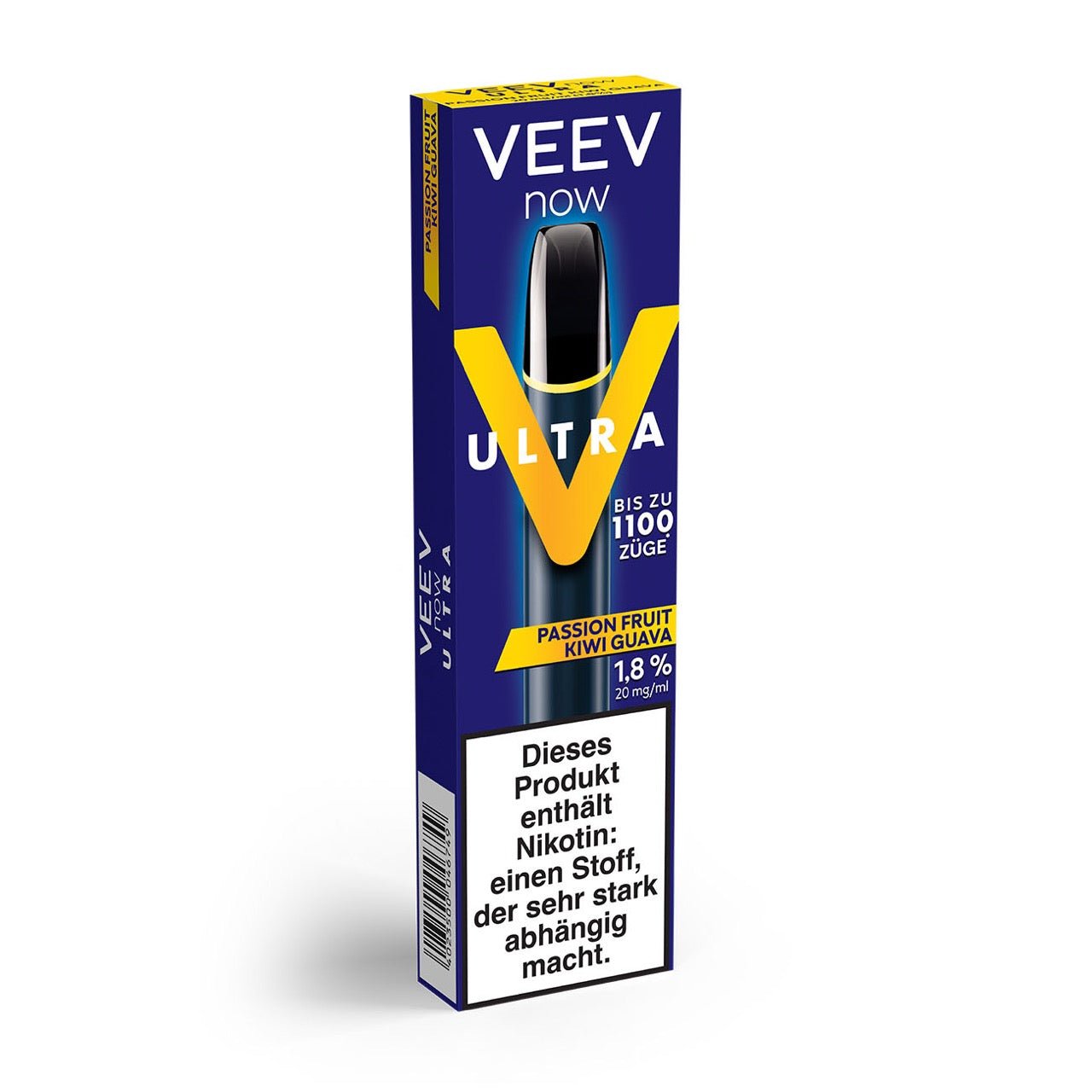 VEEV NOW ULTRA Passionfruit Kiwi Guava – Verpackung leicht seitlich mit betonten Geschmacksnoten