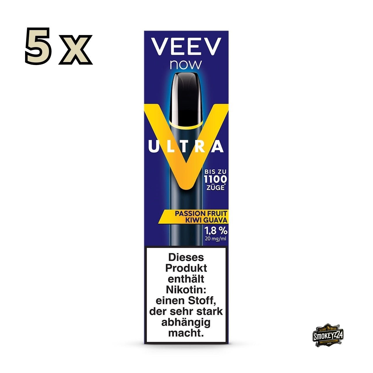 VEEV NOW ULTRA Passionfruit Kiwi Guava 5er Sparpaket – Verpackung mit tropischen Fruchtmotiven 