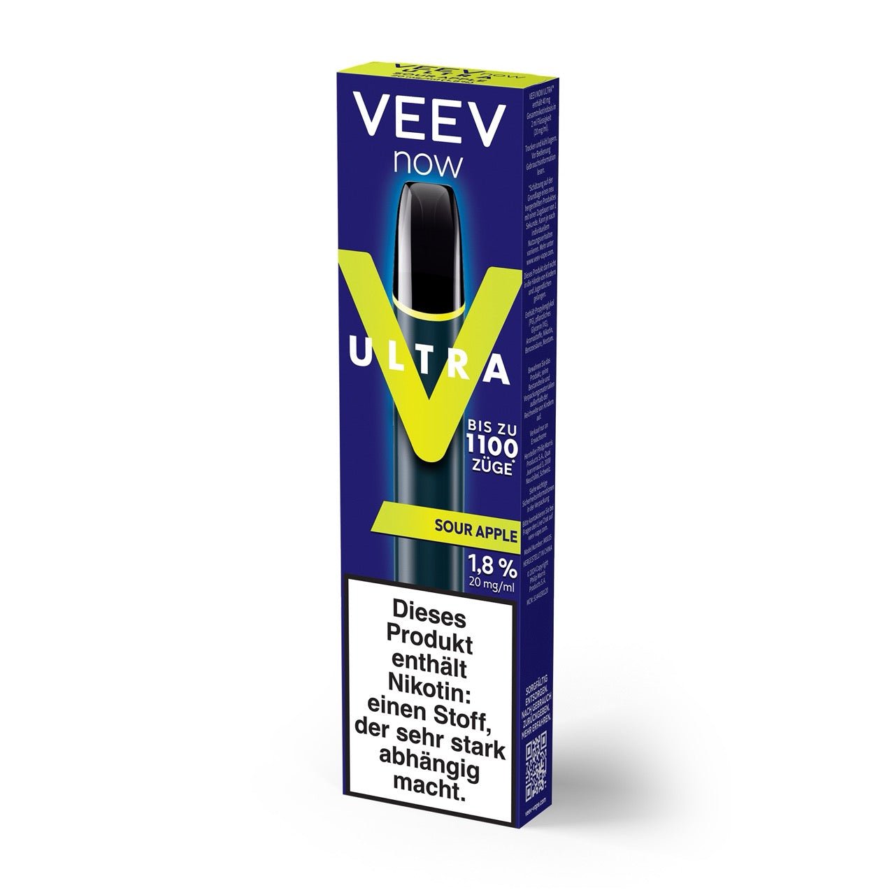 VEEV NOW ULTRA Sour Apple Einweg-Vape Verpackung mit grünem Apfel-Aroma