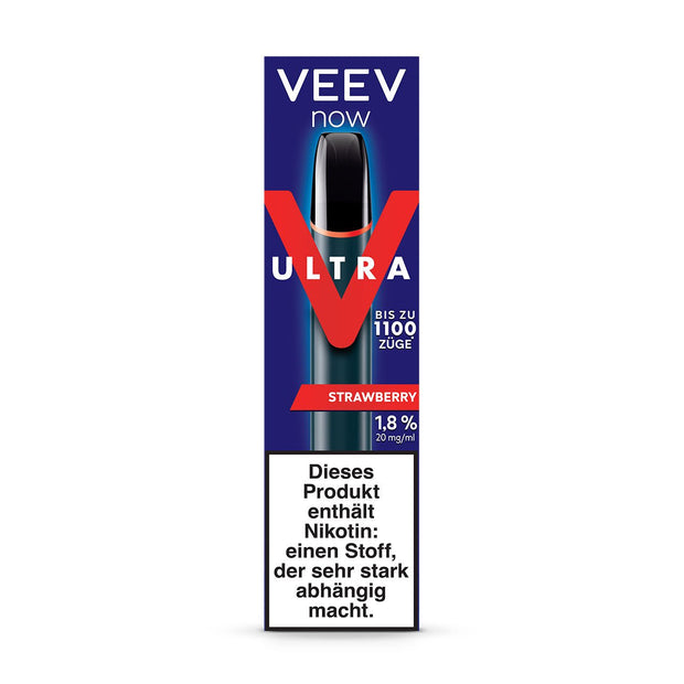 VEEV NOW ULTRA Strawberry Einweg Vape – Verpackung mit fruchtigem Erdbeerdesign und Aromahighlight