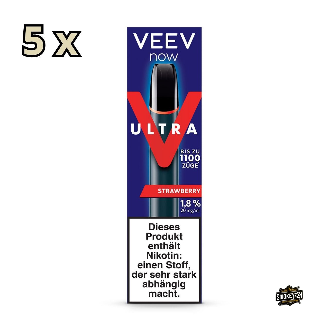 VEEV NOW ULTRA Strawberry 5er Sparpaket – Verpackung mit Gerät und frischem Erdbeerdesign