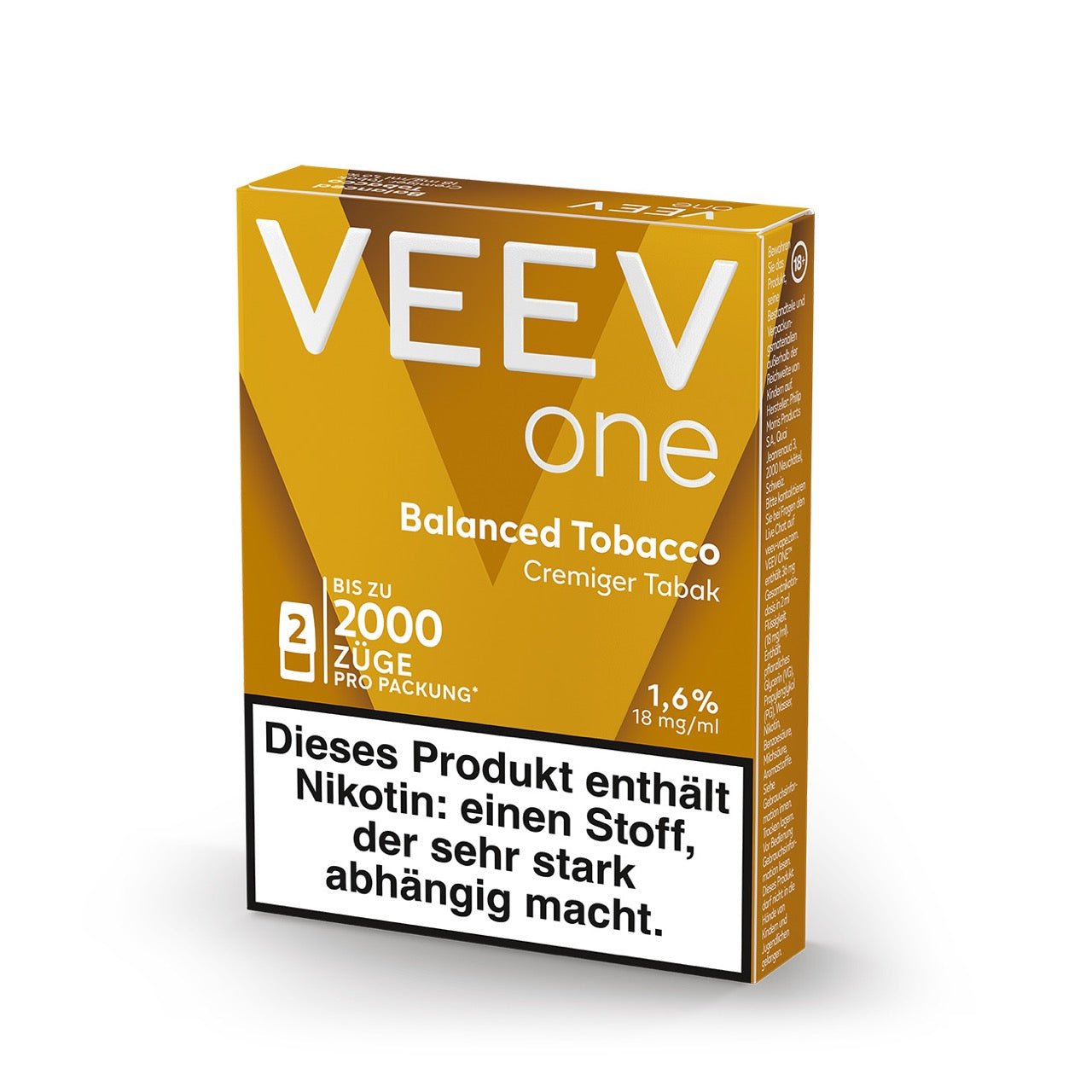 VEEV ONE Pods Balanced Tobacco – Seitenansicht der aromatisch designten Vape-Pod-Verpackung