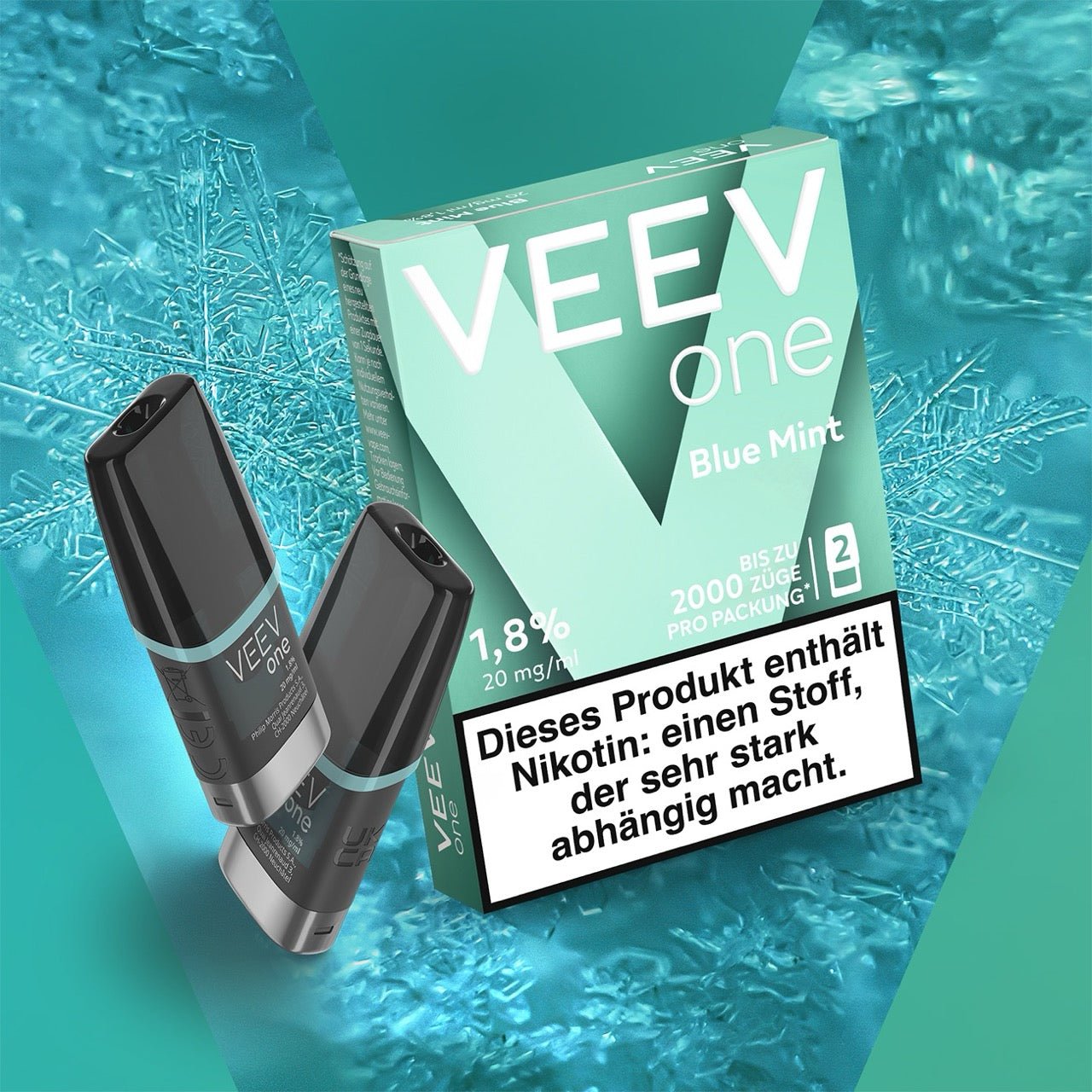 VEEV ONE Pods Blue Mint – Verpackung und zwei Pods vor blauem Hintergrund