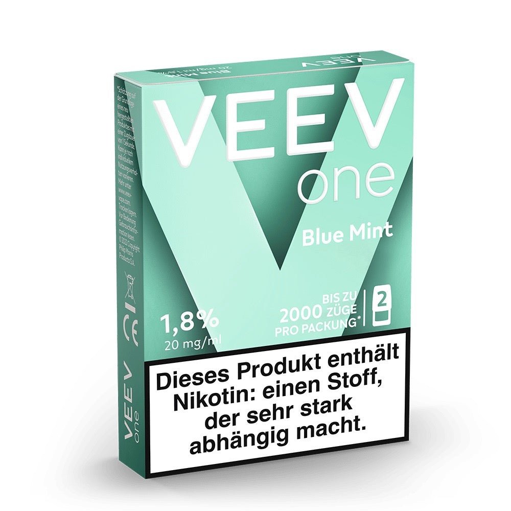 VEEV ONE Pods Blue Mint – Seitenansicht der Verpackung mit Pod-Abbildung