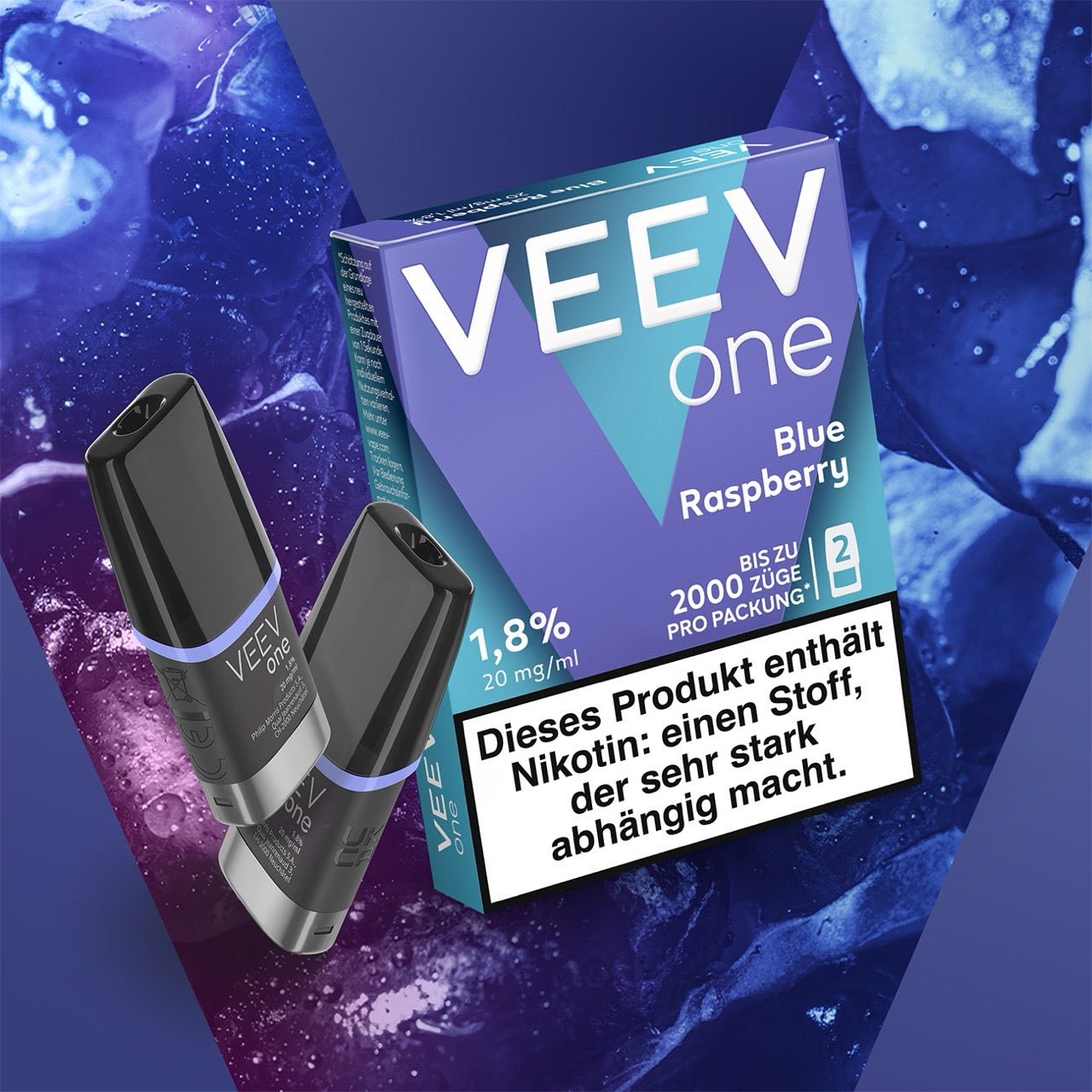 VEEV ONE Pods Blue Raspberry – Verpackung mit zwei Pods vor violettem Hintergrund
