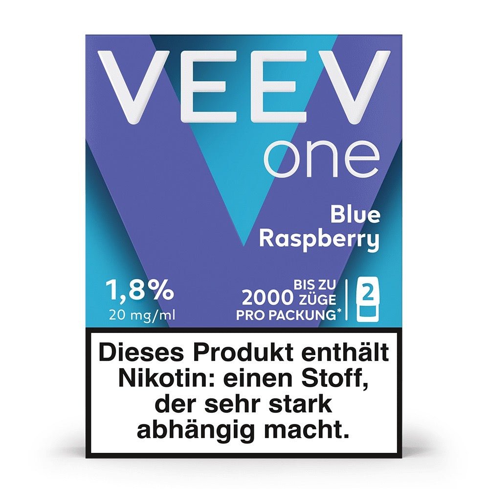 Produktbild VEEV ONE Pods Blue Raspberry – Vorderseite der Verpackung mit violett-blauem Design