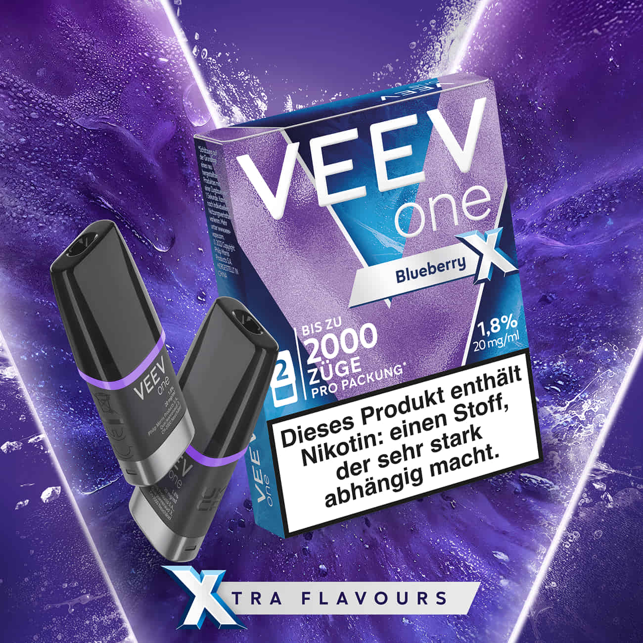 VEEV ONE Pods Blueberry X mit zwei Pods und Verpackung vor violettem Hintergrund