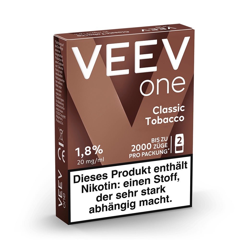 Seitenansicht der VEEV ONE Classic Tobacco Verpackung mit Detailinfos