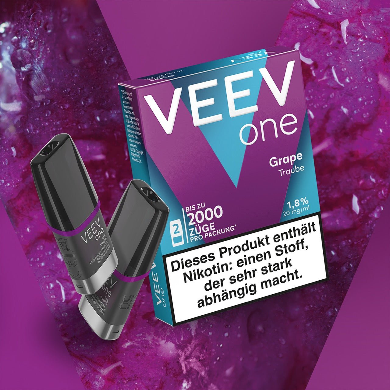 VEEV ONE Pods Grape – zwei Pods und Verpackung auf violettem Hintergrund