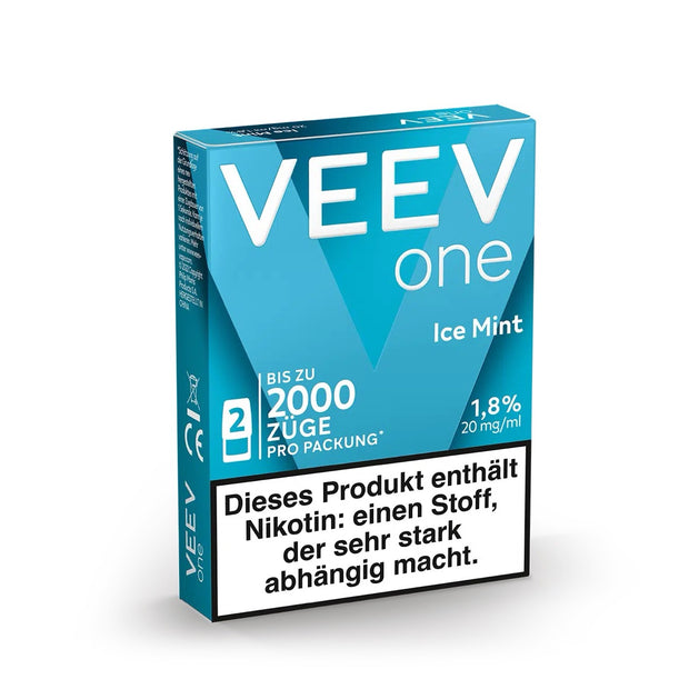 VEEV ONE Pods Ice Mint – Einzelverpackung der Ice Mint Pods mit Pod daneben, Produktfoto für Onlineshop.
