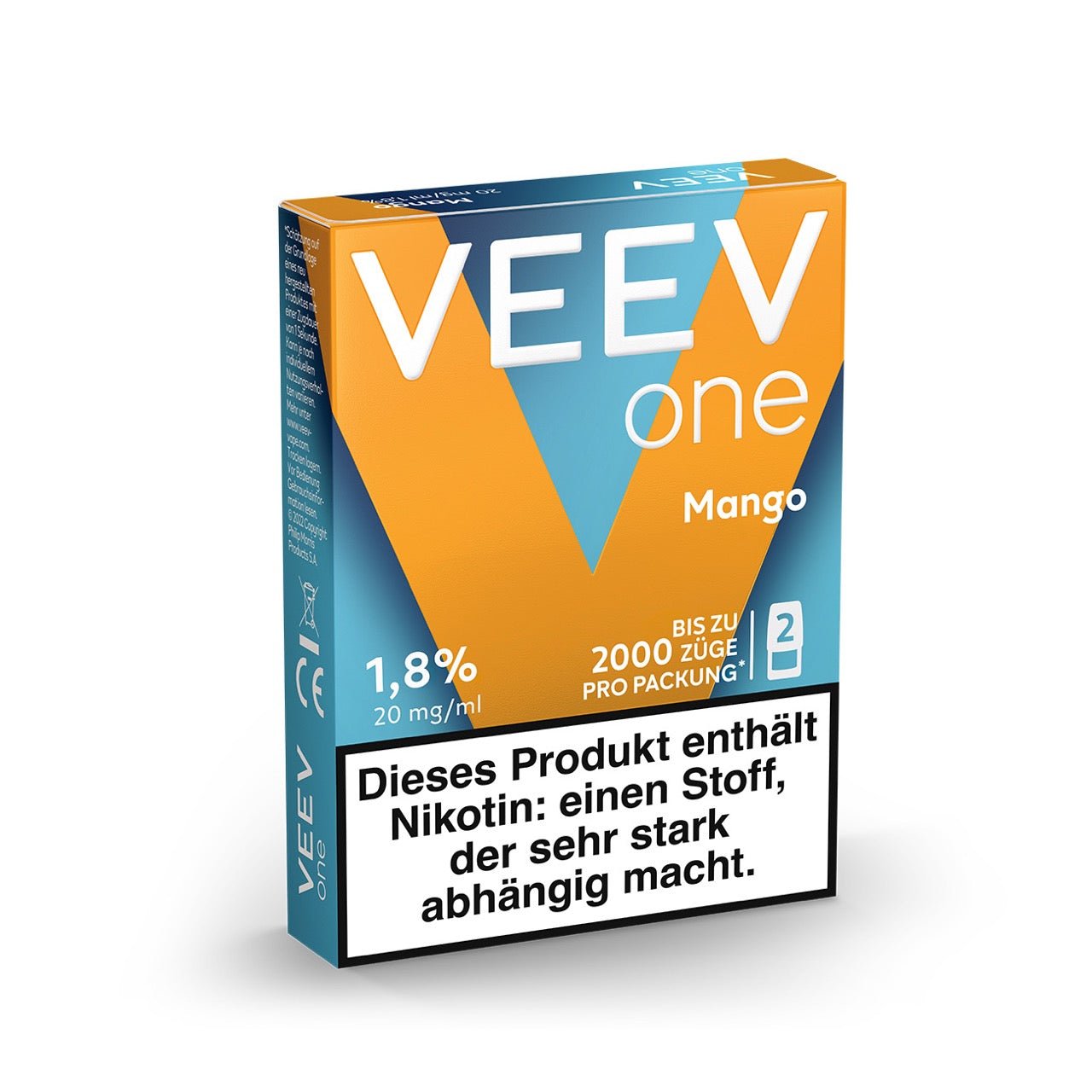 Rückseite der VEEV ONE Pods Mango – Inhaltsangabe und Herstellerinformationen