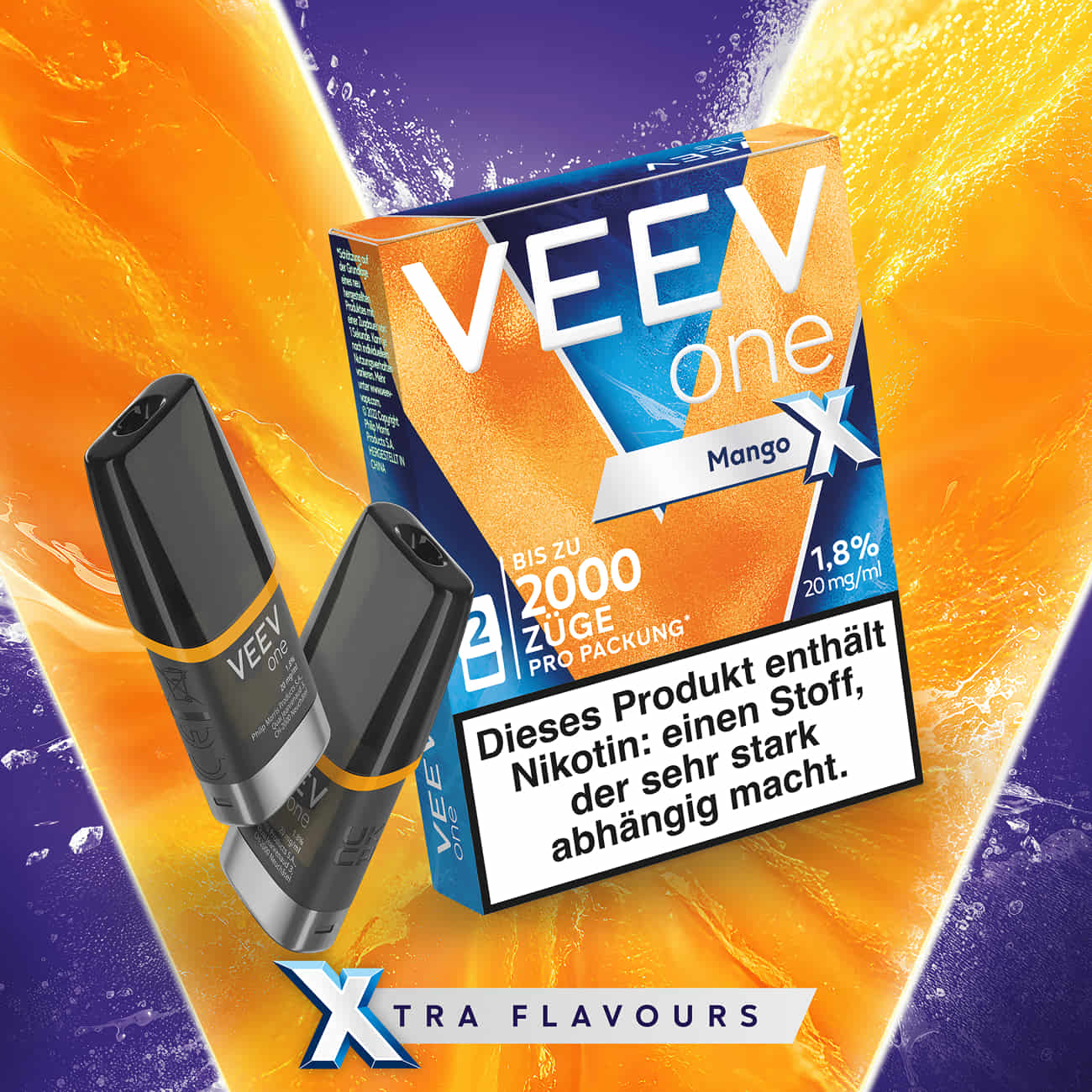 VEEV ONE Pods Mango X mit zwei Pods und Verpackung vor orange-violettem Hintergrund