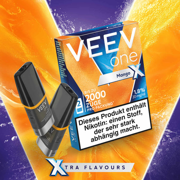 VEEV ONE Pods Mango X mit zwei Pods und Verpackung vor orange-violettem Hintergrund