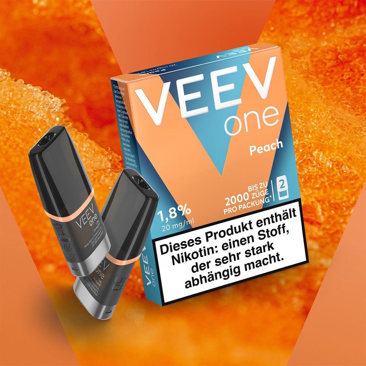 VEEV ONE Pods Peach – Verpackung und Pods vor fruchtigem Hintergrund
