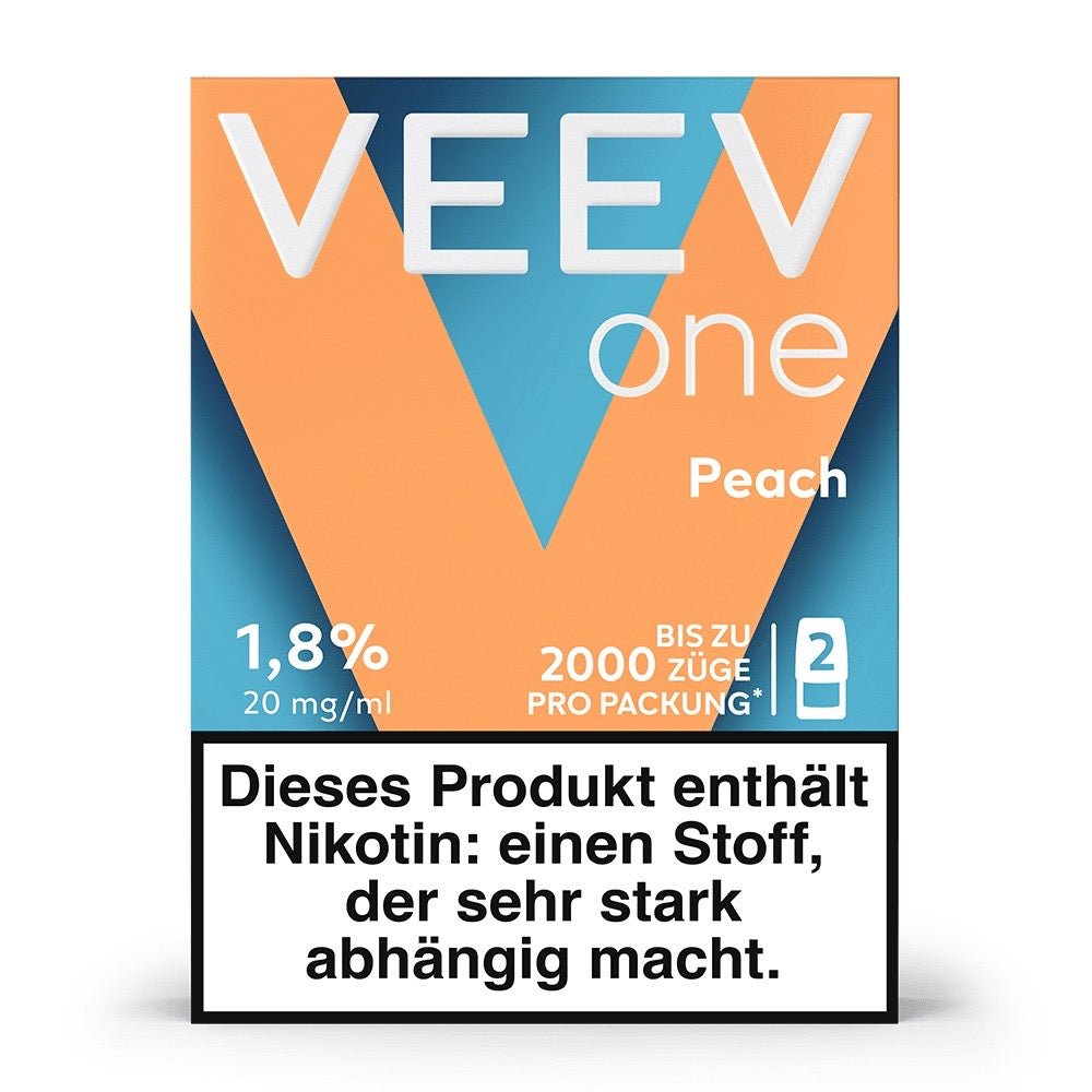 VEEV ONE Pods Peach – Vorderseite der Verpackung mit Pfirsich-Design