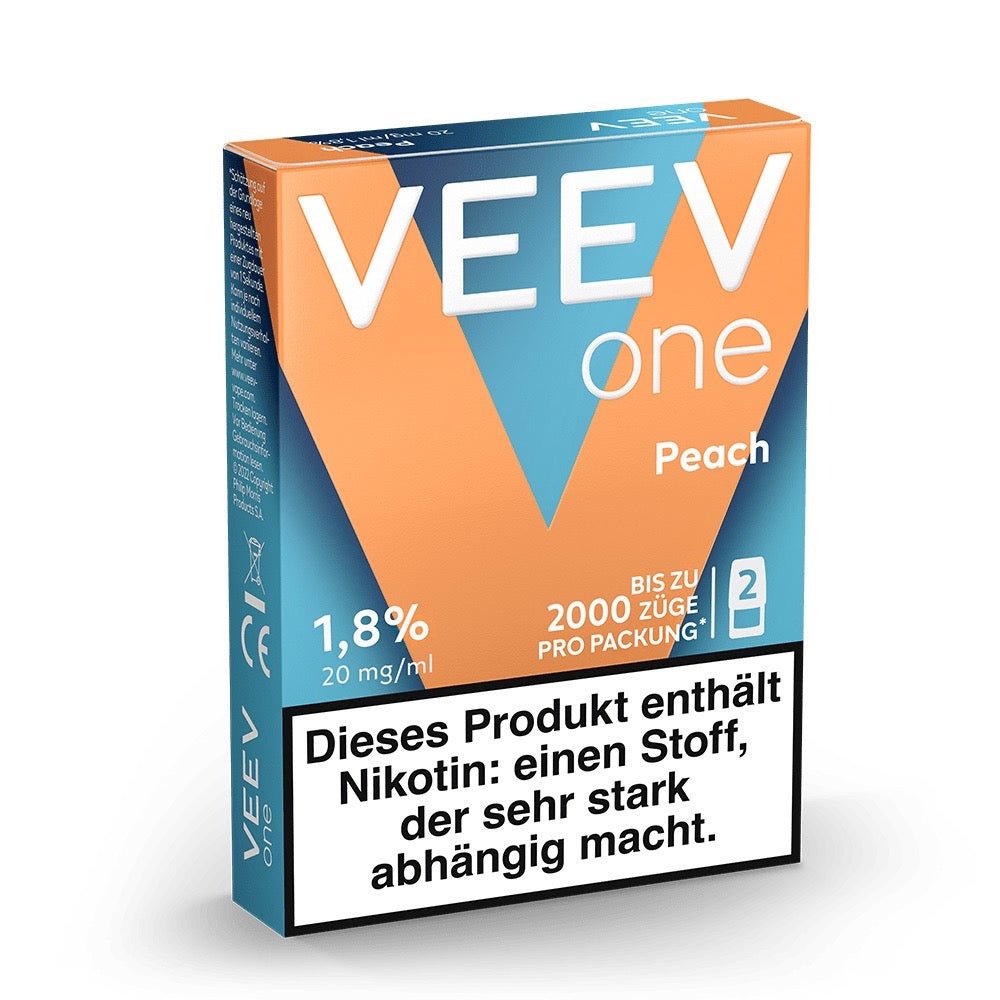 VEEV ONE Pods Peach – Seitenansicht mit Aromabeschreibung und Markenlogo