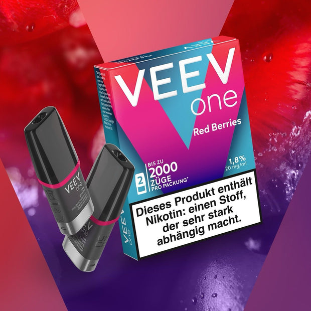 Zwei VEEV ONE Pods Red Berries neben der Produktbox
