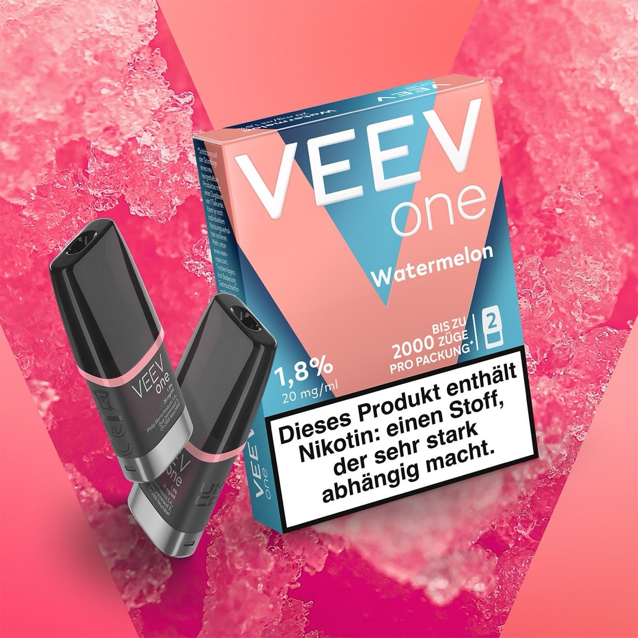 VEEV ONE Pods Watermelon – Produktfoto vor farbigem sommerlichem Hintergrund