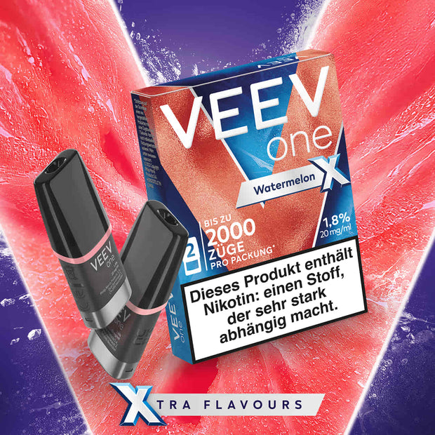 VEEV ONE Pods Watermelon X mit zwei Pods und Verpackung vor pink-violettem Hintergrund