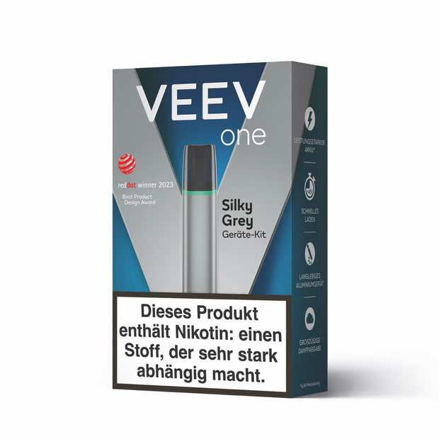 VEEV ONE Gerät Silky Grey Vorderseite – elegantes Aluminium-Design in modernem Grau