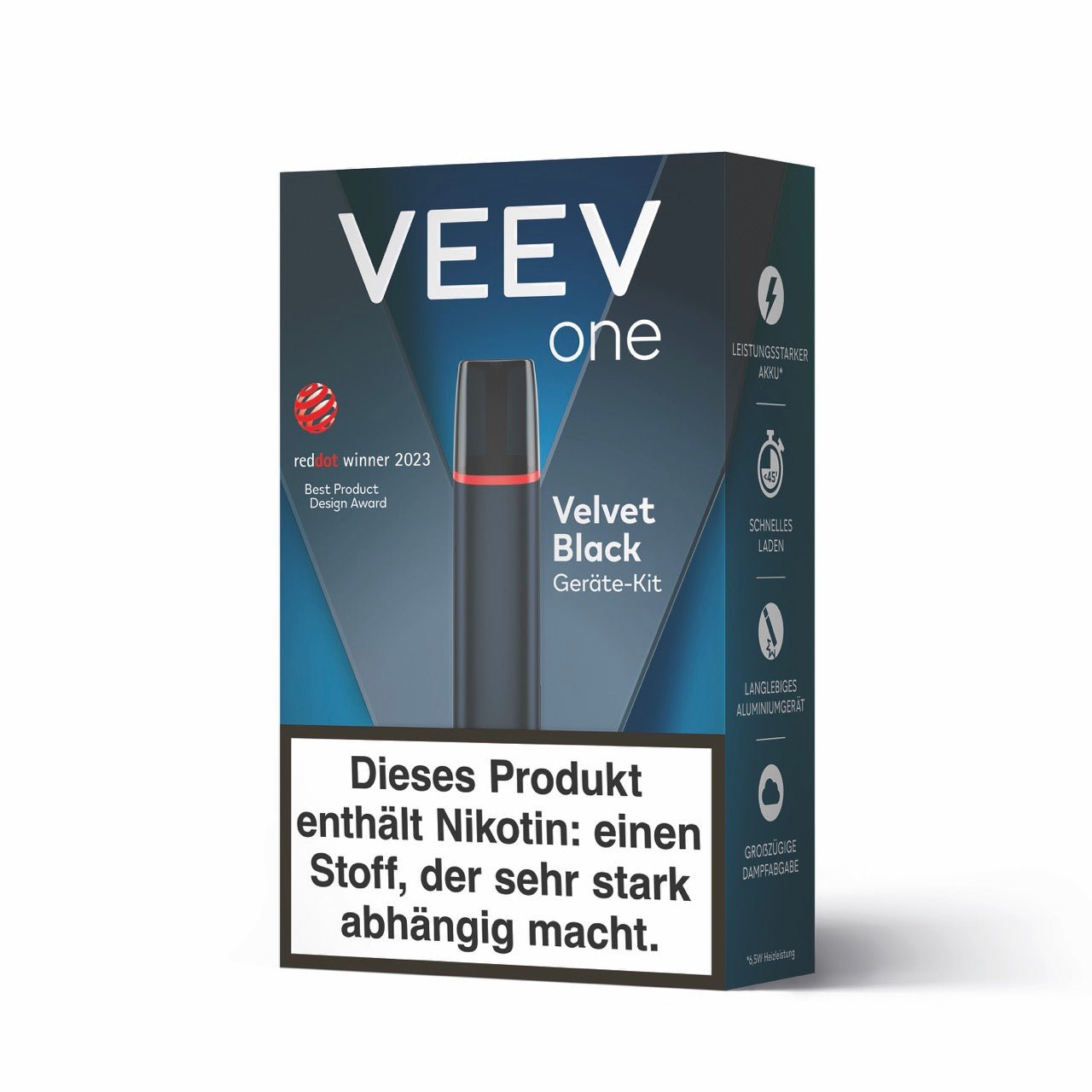 VEEV ONE Gerät Velvet Black Vorderseite – elegantes Design aus Aluminium
