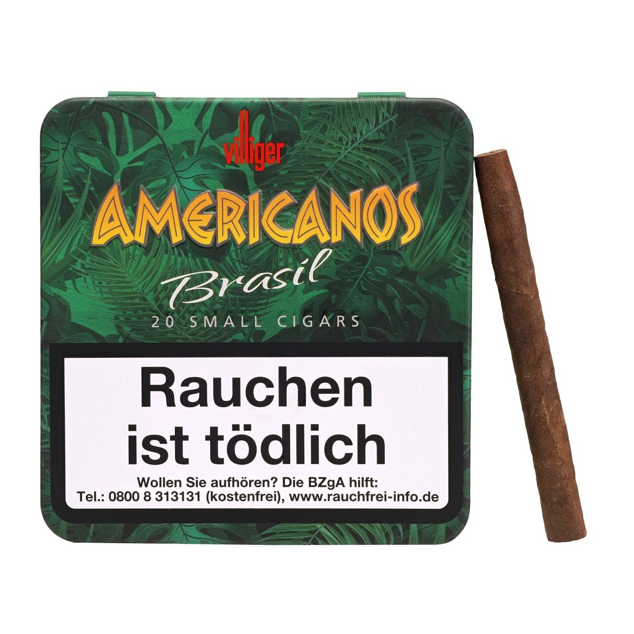 Villiger Americanos Brasil – Schachtel frontal mit angelehntem Cigarillo, 20 Stück, 81×8,1 mm
