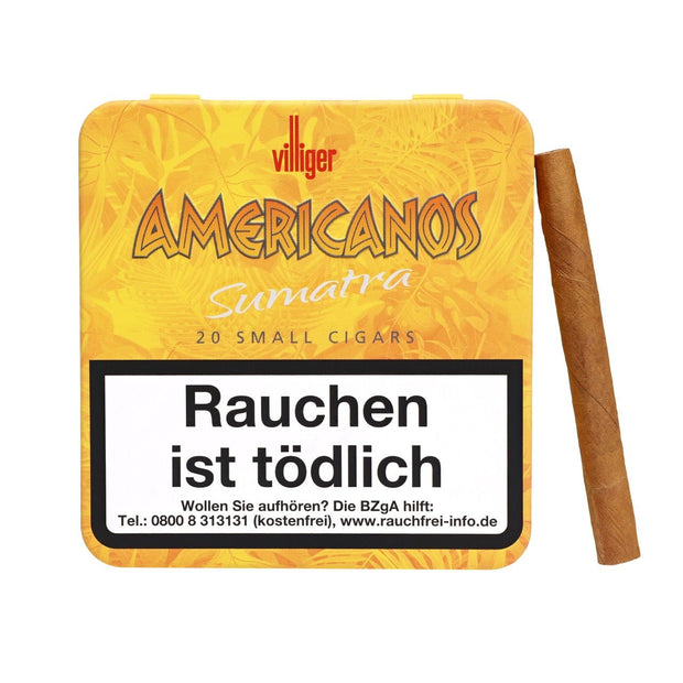 Villiger Americanos Sumatra Cigarillos – Schachtel frontal mit angelehntem Cigarillo, 20 Stück