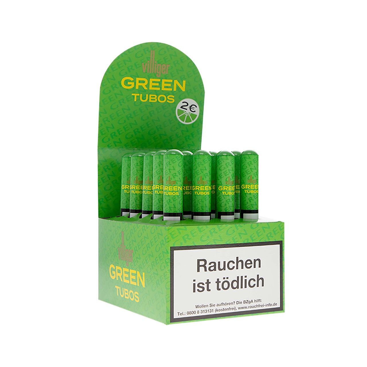 Villiger Green Tubos – 20er Karton mit Panetela-Zigarren im Aluminium-Tubo, Frontansicht