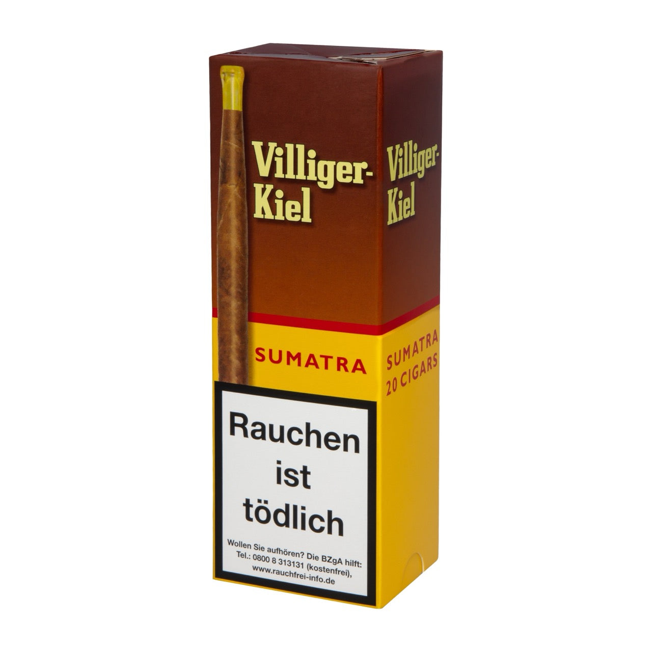 Villiger Kiel Sumatra – Packung seitlich, Mundstück-Zigarren im Fokus
