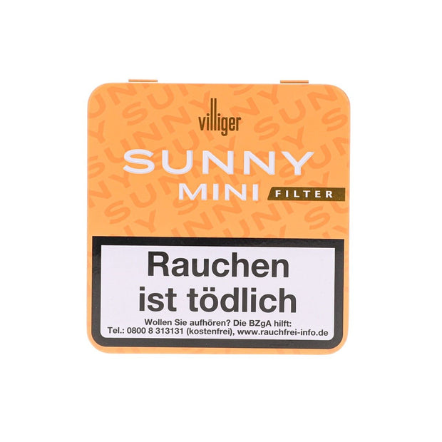 Schachtel frontal: Villiger Sunny Mini Filter - 20er Packung mit Pfirsich-Aroma, 81 x 8 mm