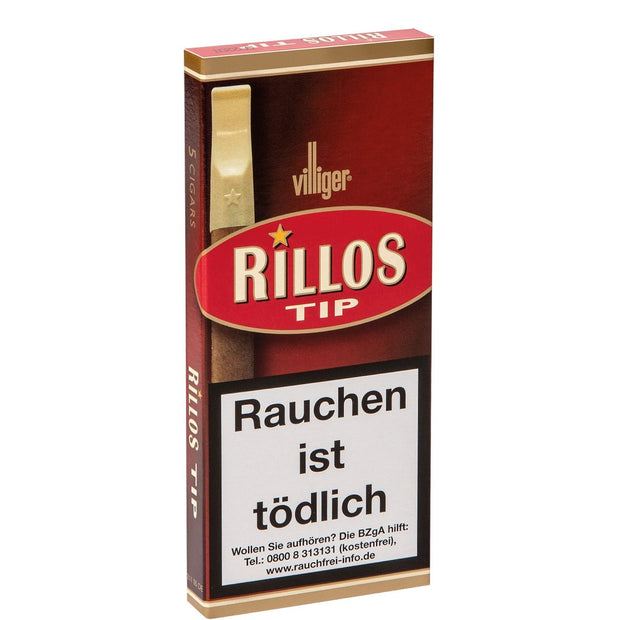 Villiger Rillos Tip Cigarillos – 5er Packung, Schachtel frontal mit Hinweis auf Kunststoffmundstück