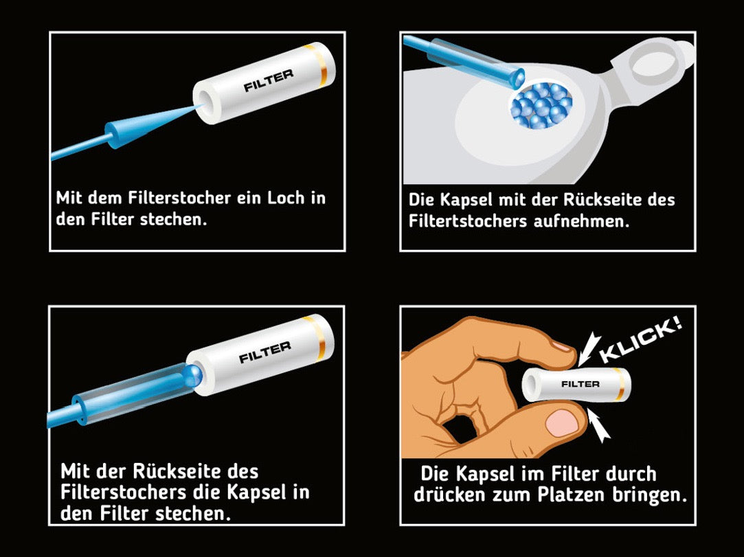 VOVAN Balls Anwendung: Aromakapsel mit Stick in Zigarettenfilter einfügen und Klick-Aroma Black Ice freisetzen