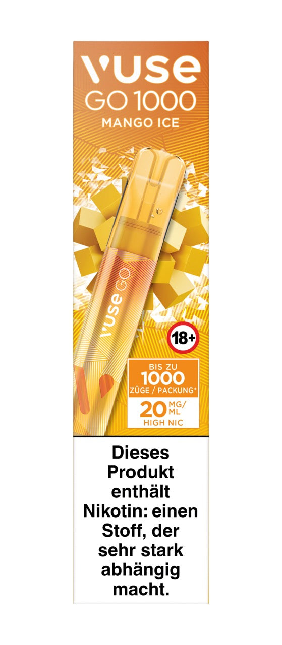 Vuse Go 1000 Mango Ice Verpackung Vorderseite mit 20 mg Nikotin