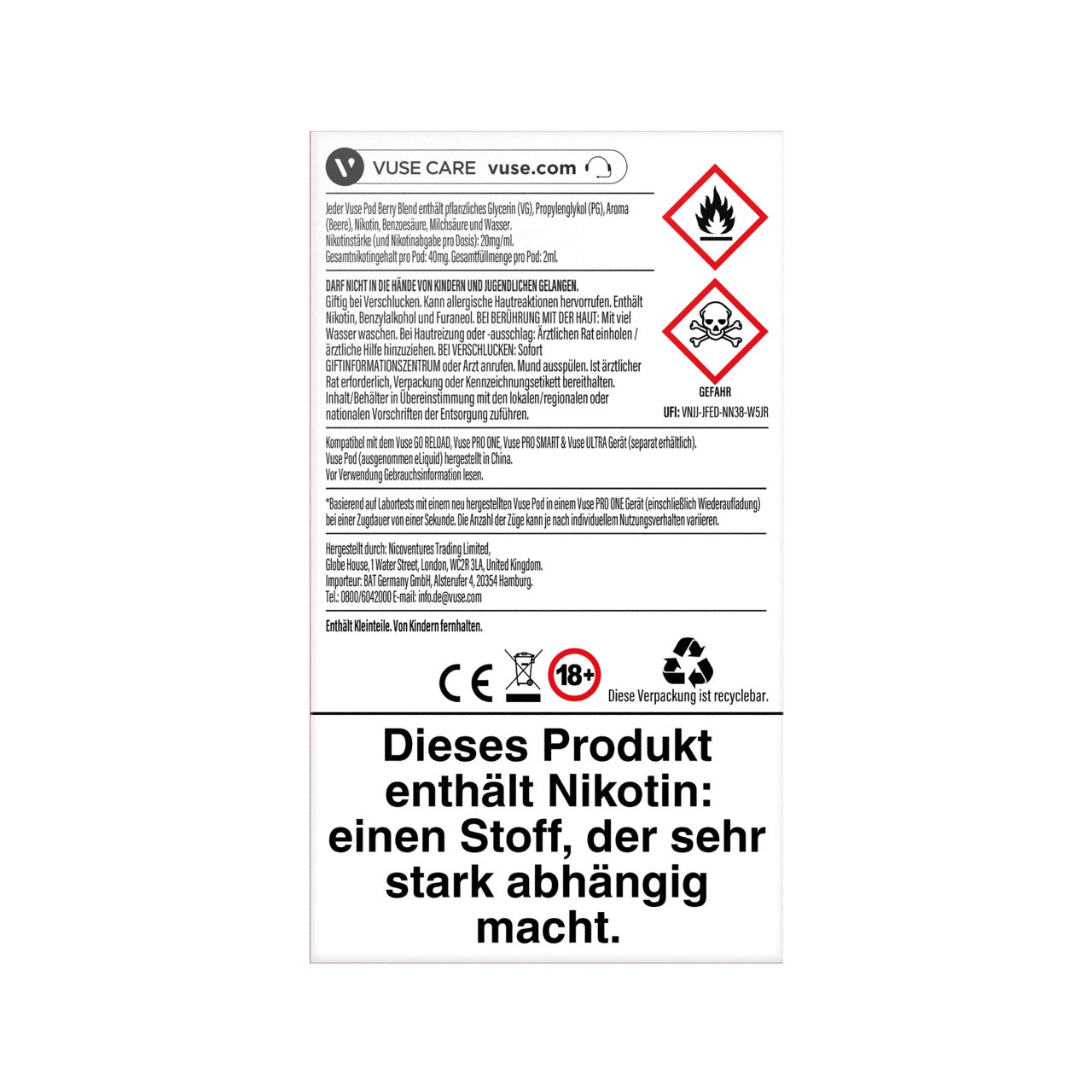 Vuse Pods Berry Blend 20mg neues Design 2024, Beerenmischung, Packung Rückseite, Smokeyz24.de