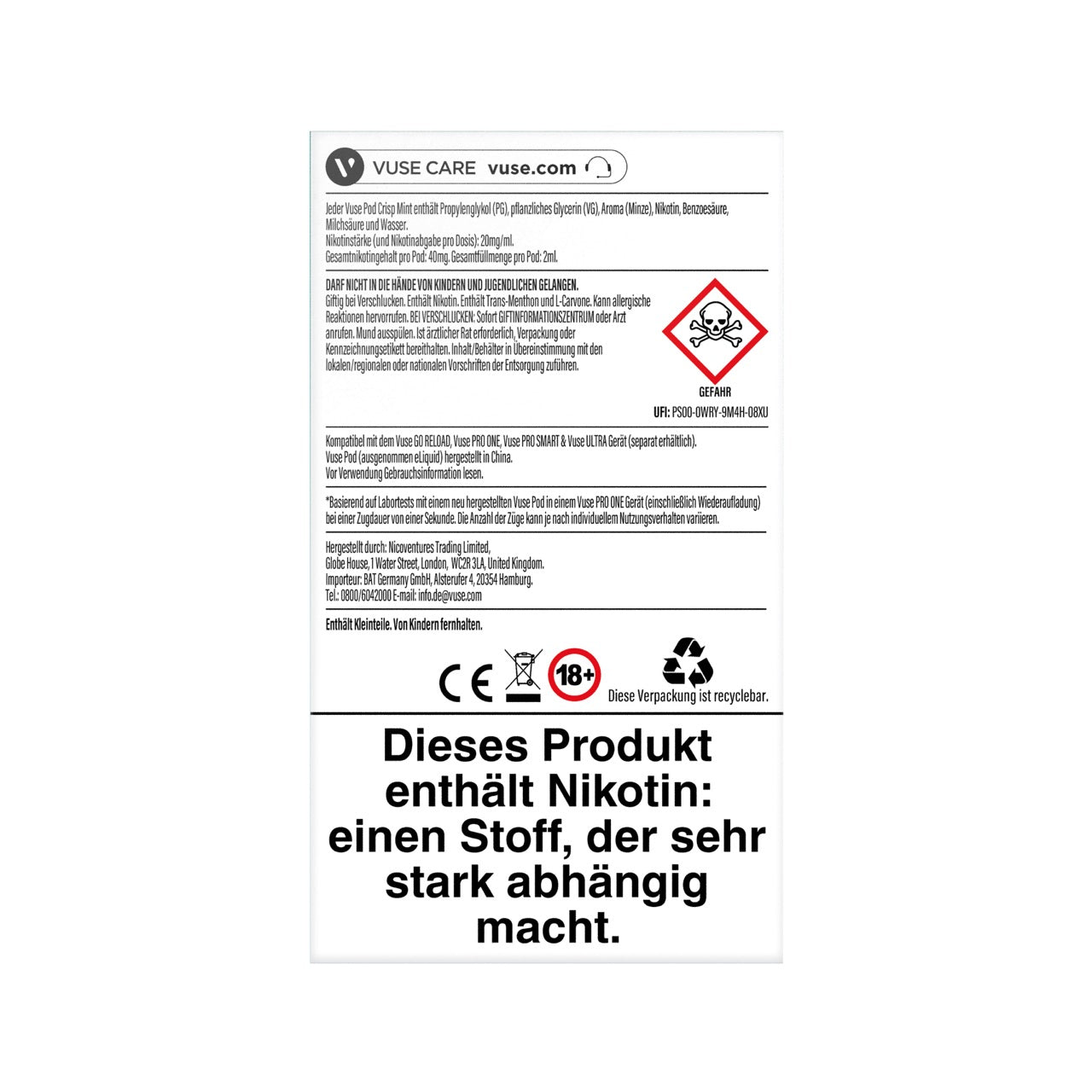 Rückseite der Vuse Pods Crisp Mint 20mg Verpackung mit Produktinformationen und Nikotingehalt