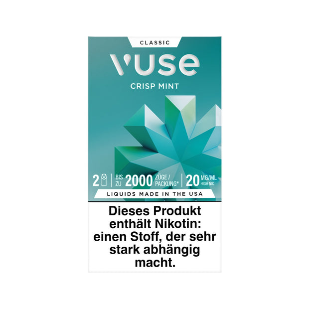 Vuse Pods Crisp Mint 20mg Packung frontal mit Hinweis auf die neue Nikotinstärke für frischen Menthol-Genuss