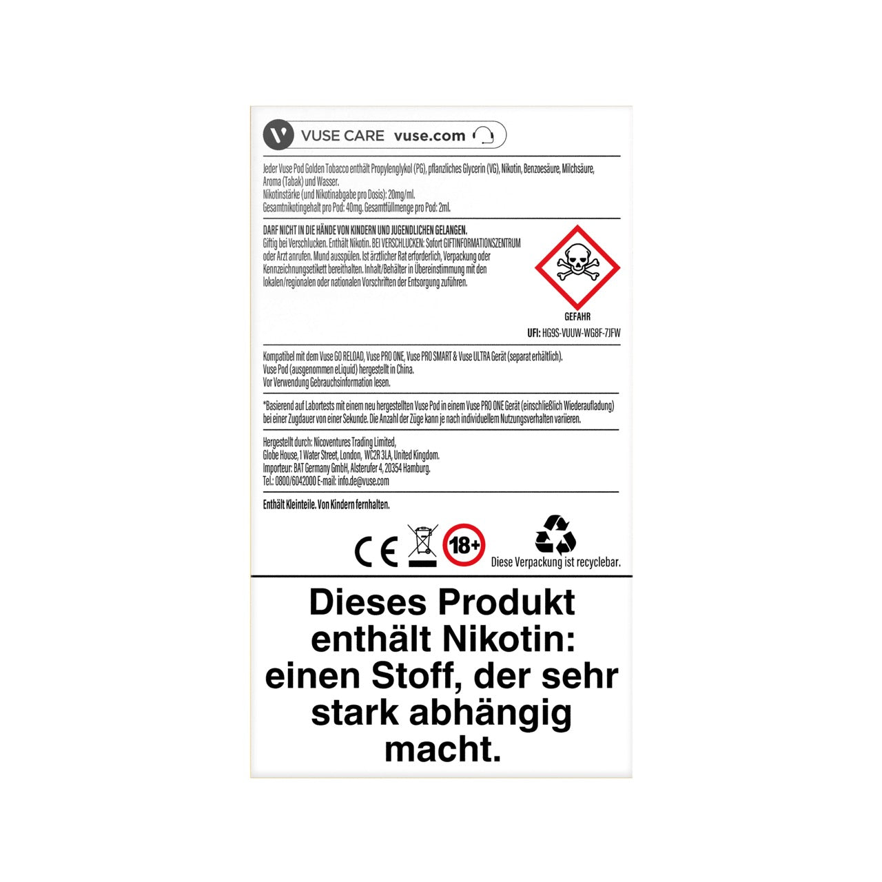 Rückseite der Vuse Pods Golden Tobacco 20mg Verpackung mit Informationen zum neuen Nikotingehalt