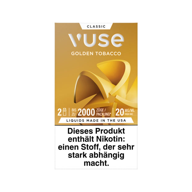 Vuse Pods Golden Tobacco 20mg Packung frontal mit neuem Nikotingehalt für intensiven Tabakgenuss