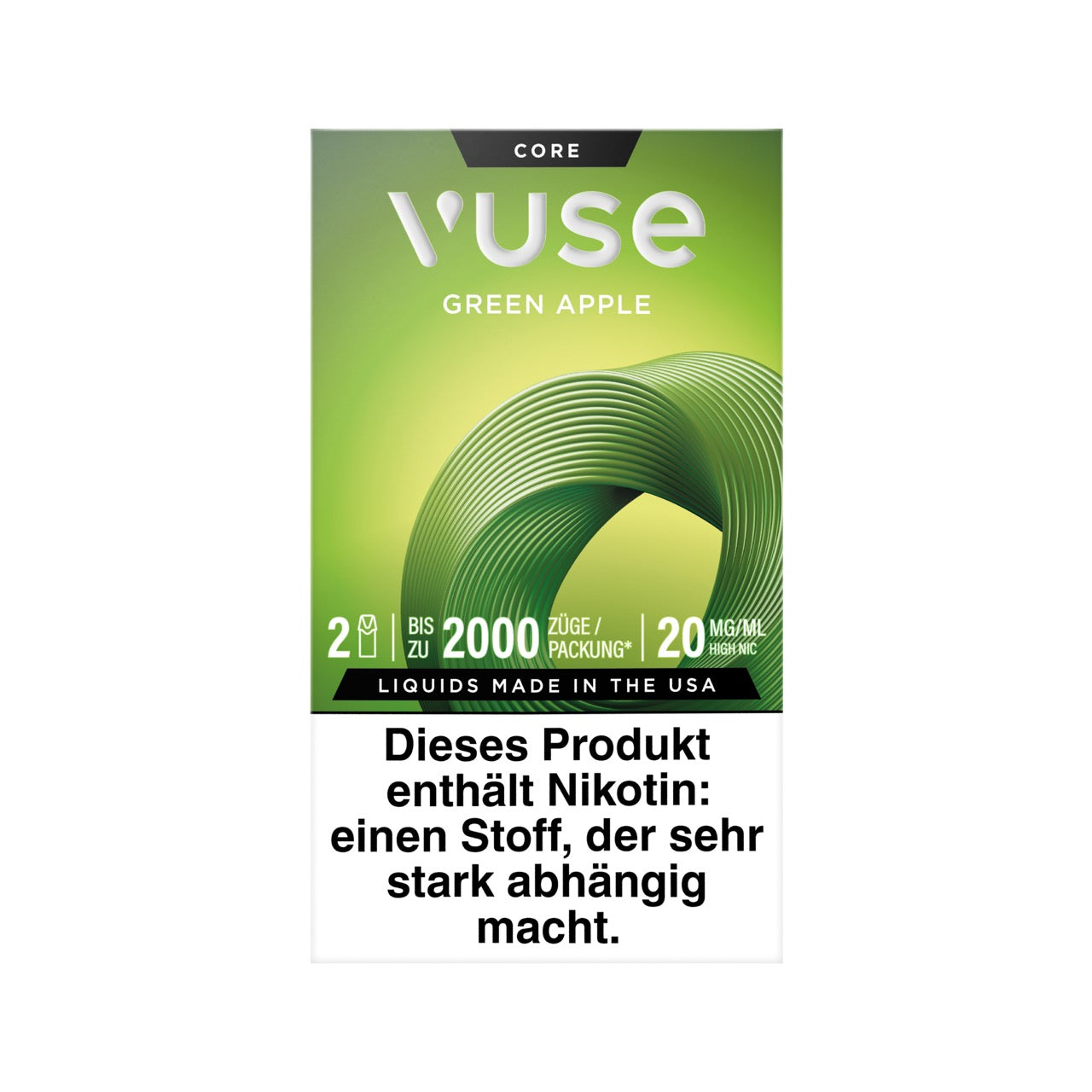 Vuse Pods Green Apple Sour 20mg neues Design 2024, Apfel, 2er Pack, Frontansicht, Smokeyz24.de