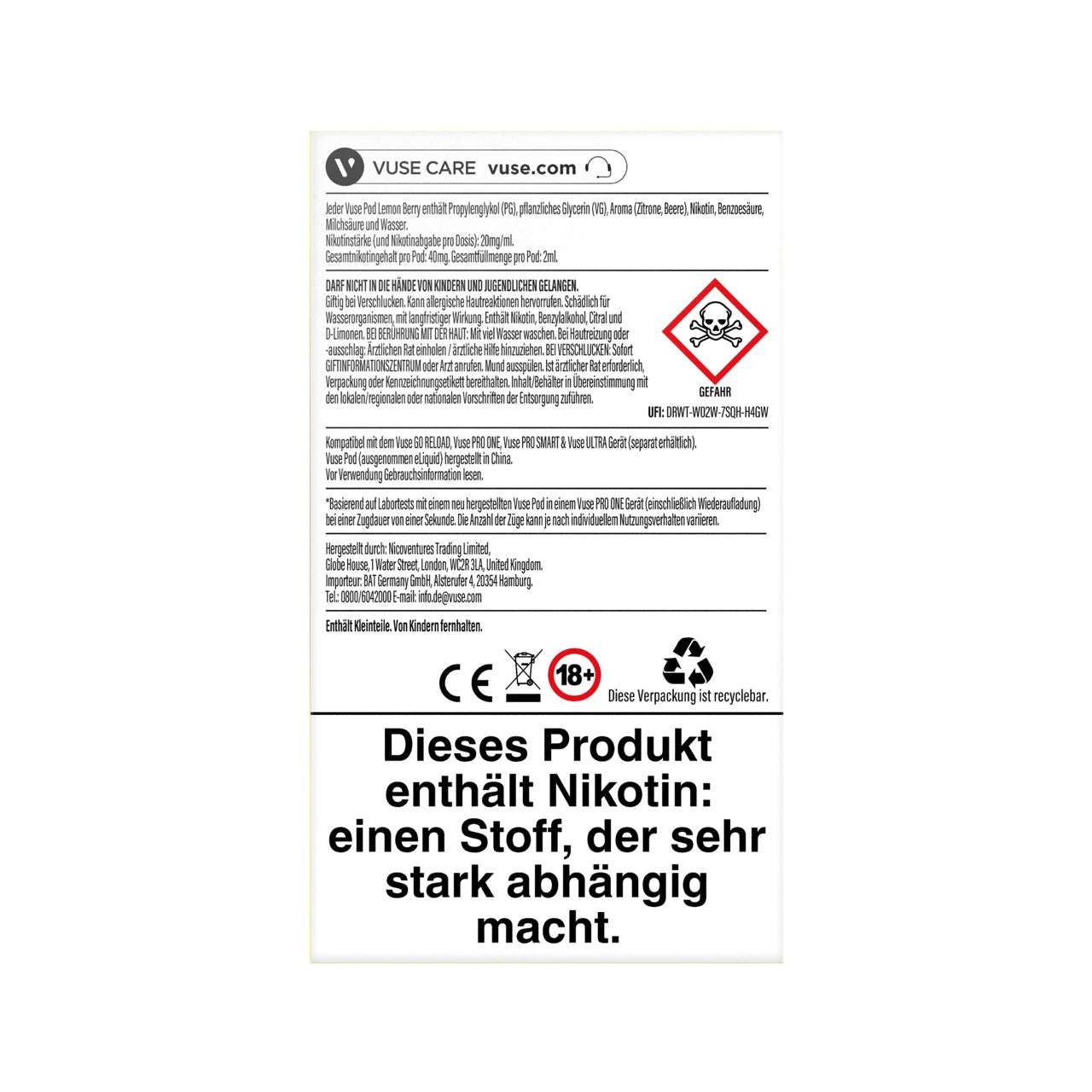 Vuse Pods Lemon Berry 20mg neues Design 2024, Zitrus Beeren, Packung Rückseite, Smokeyz24.de
