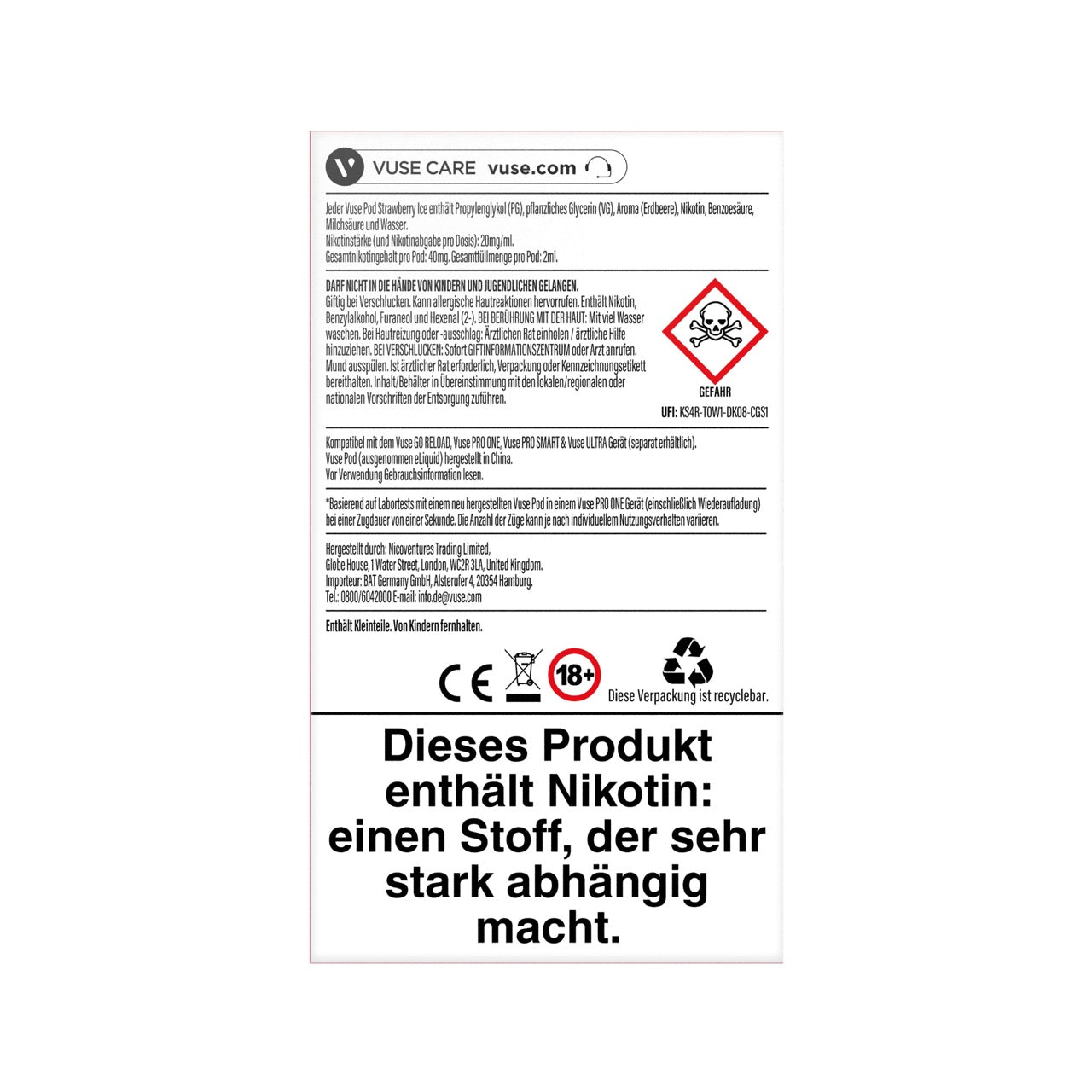 Vuse Pods Strawberry Ice 20mg neues Design 2024, Erdbeer, Packung Rückseite, Smokeyz24.de