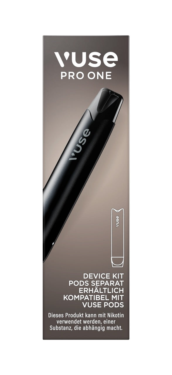 Vorderseite der Vuse Pro One Device Pen Black Verpackung im modernen schwarzen Design.